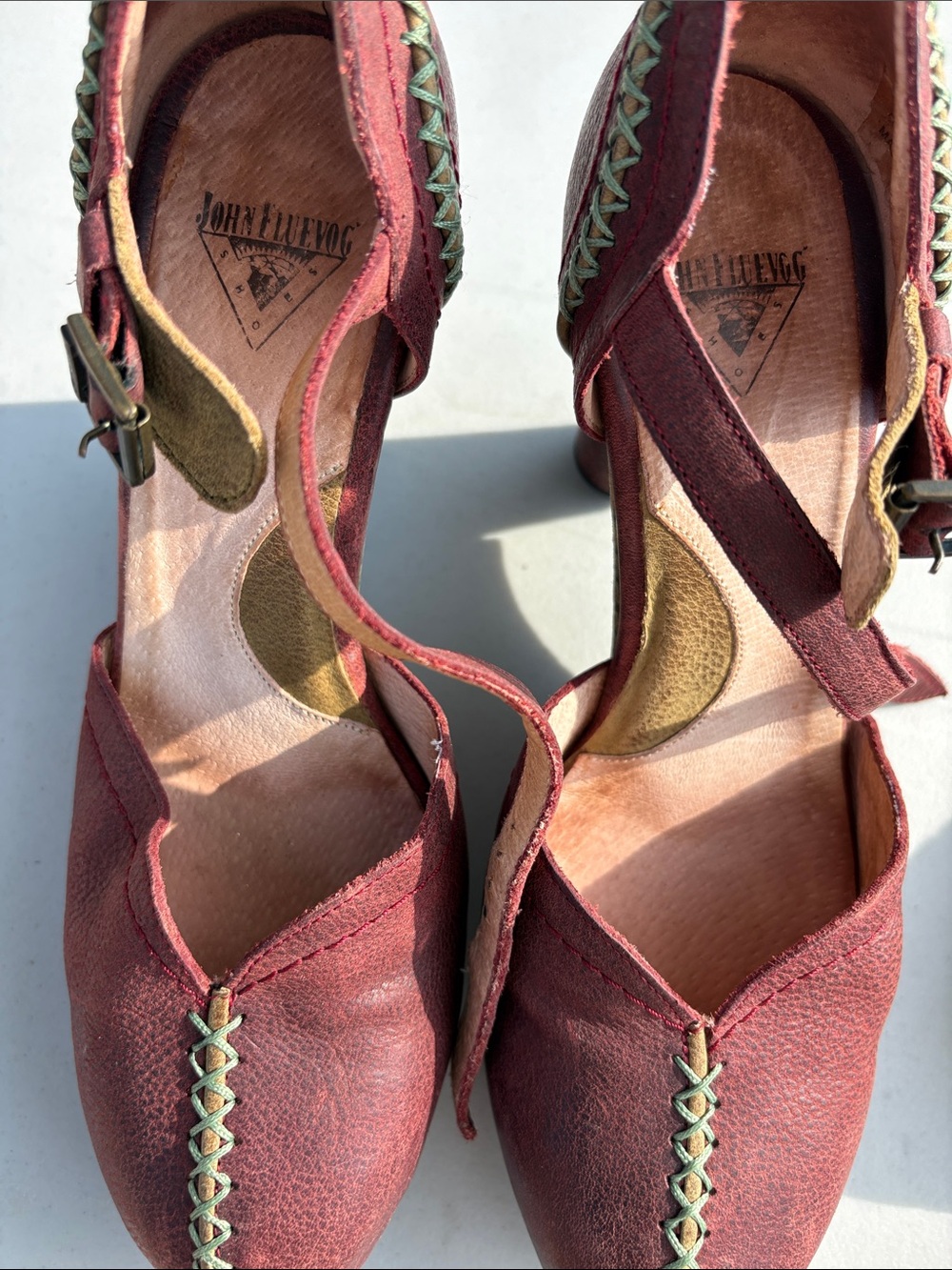 John Fluevog Burgundy Leather Cross-Strap Heels with Green Stitching